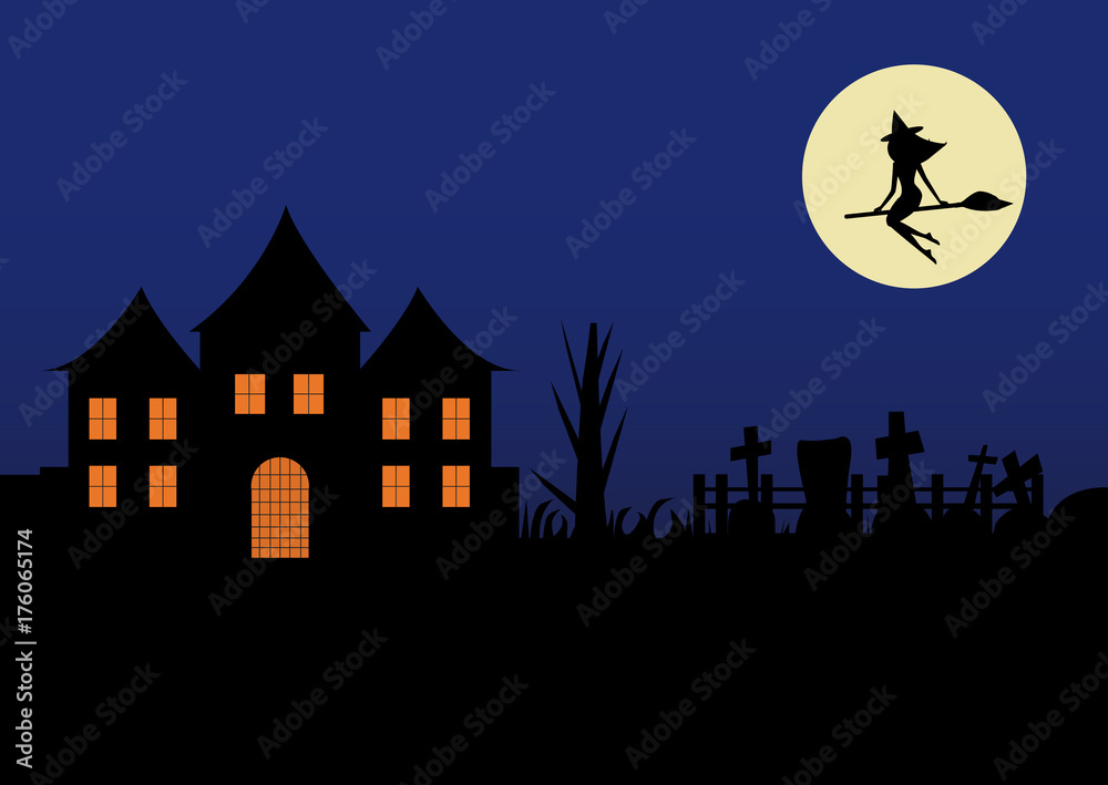 silhouette of a witch on a broomstick over a house at night