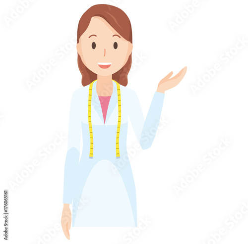 Illustration where a female nutritionist is raising one hand - upper body