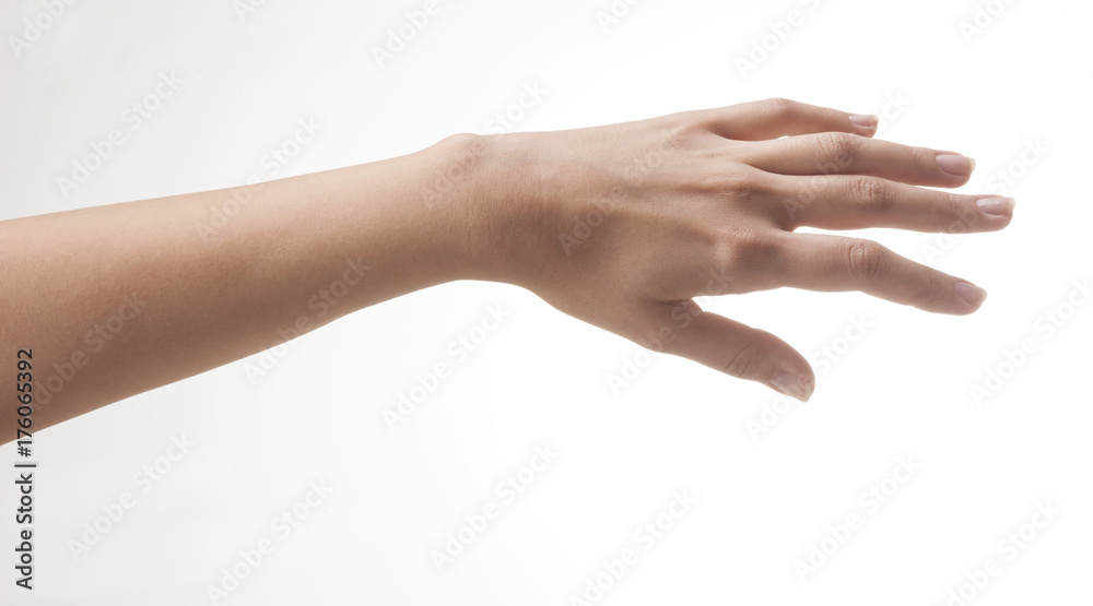 Woman hand on white