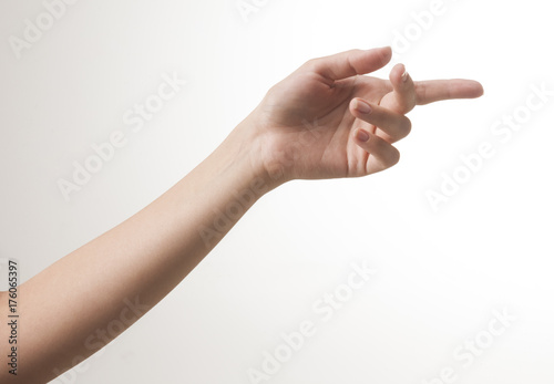 Woman hand on white