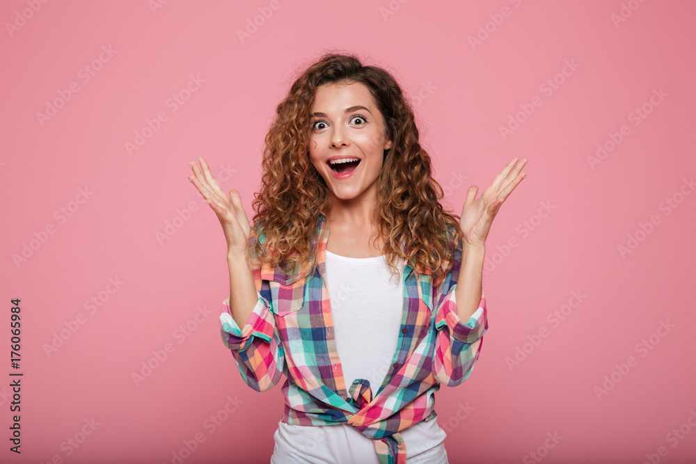 Happy woman smiling isolated over pink Happy woman smiling isolated over pink