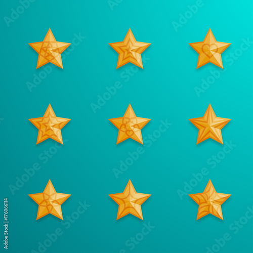 Christmas star symbol gold color with pattern and shadow set illustration isolated on green gradient background