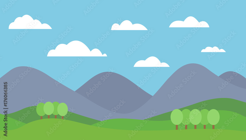 Cartoon colorful vector flat illustration of mountain landscape with meadow and trees under blue sky