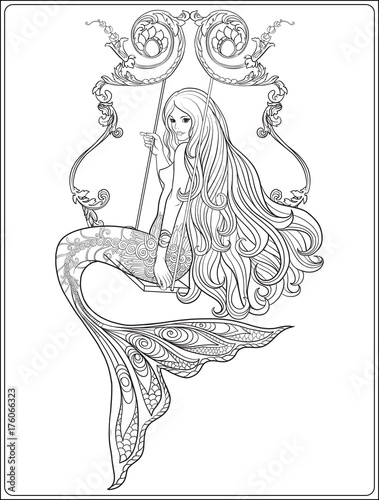 Hand drew mermaid with long hair. Stock line vector illustration