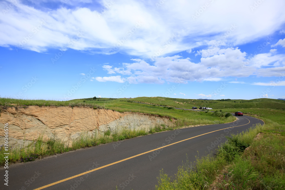 asphalt road on grassland