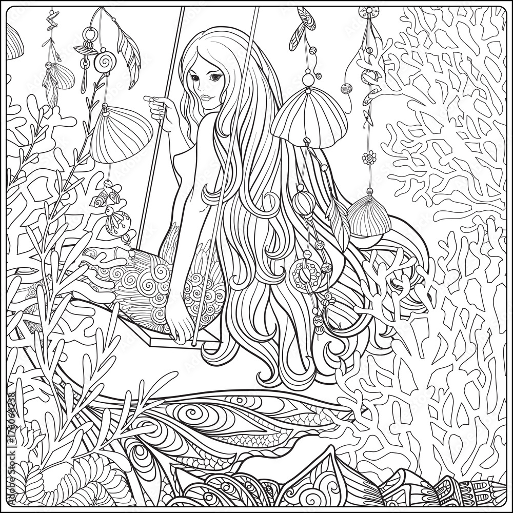 Hand drawn mermaid with long hair in underwater world. Stock li Hand drawn mermaid with long hair in underwater world. Stock li
