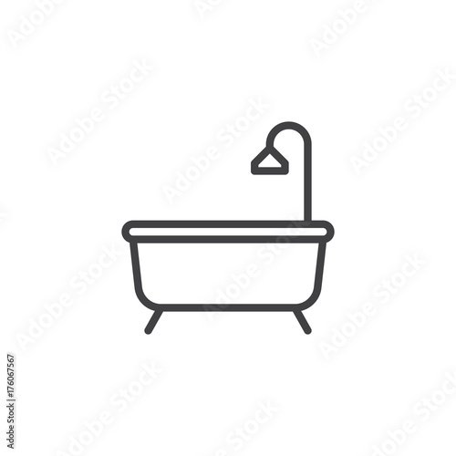 Shower bathtub with shower line icon, outline vector sign, linear style pictogram isolated on white. Bath symbol, logo illustration. Editable stroke