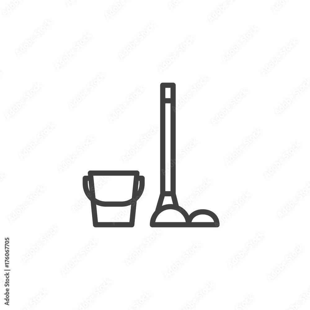 Bucket and broom line icon, outline vector sign, linear style pictogram isolated on white. House cleaning symbol, logo illustration. Editable stroke Bucket and broom line icon, outline vector sign, linear style pictogram isolated on white. House cleaning symbol, logo illustration. Editable stroke