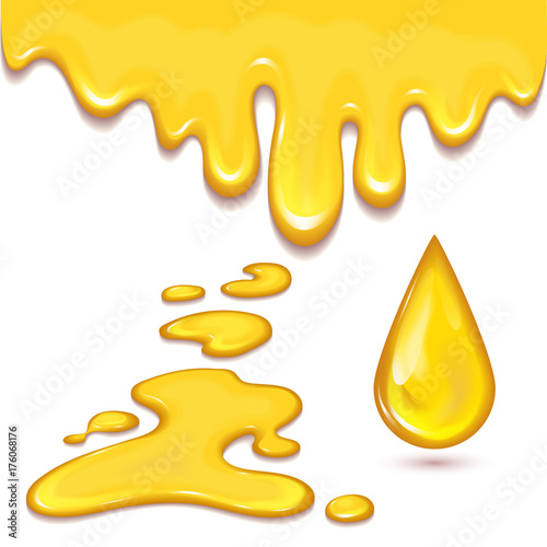 Set of orange honey drops and yellow splashes healthy syrup golden food liquid drip vector illustration. photo