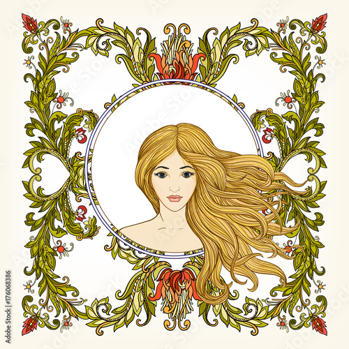 Young beautiful girl with long hair in rich decorated floral pat
