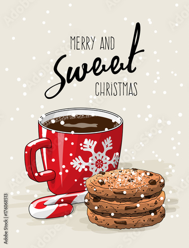Christmas theme, red cup of coffee with red ribbon and stack of cookies an candy cane, illustration