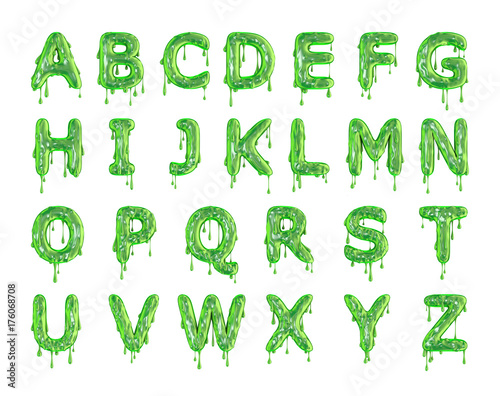 Green dripping slime halloween alphabet letters. 3D Rendering