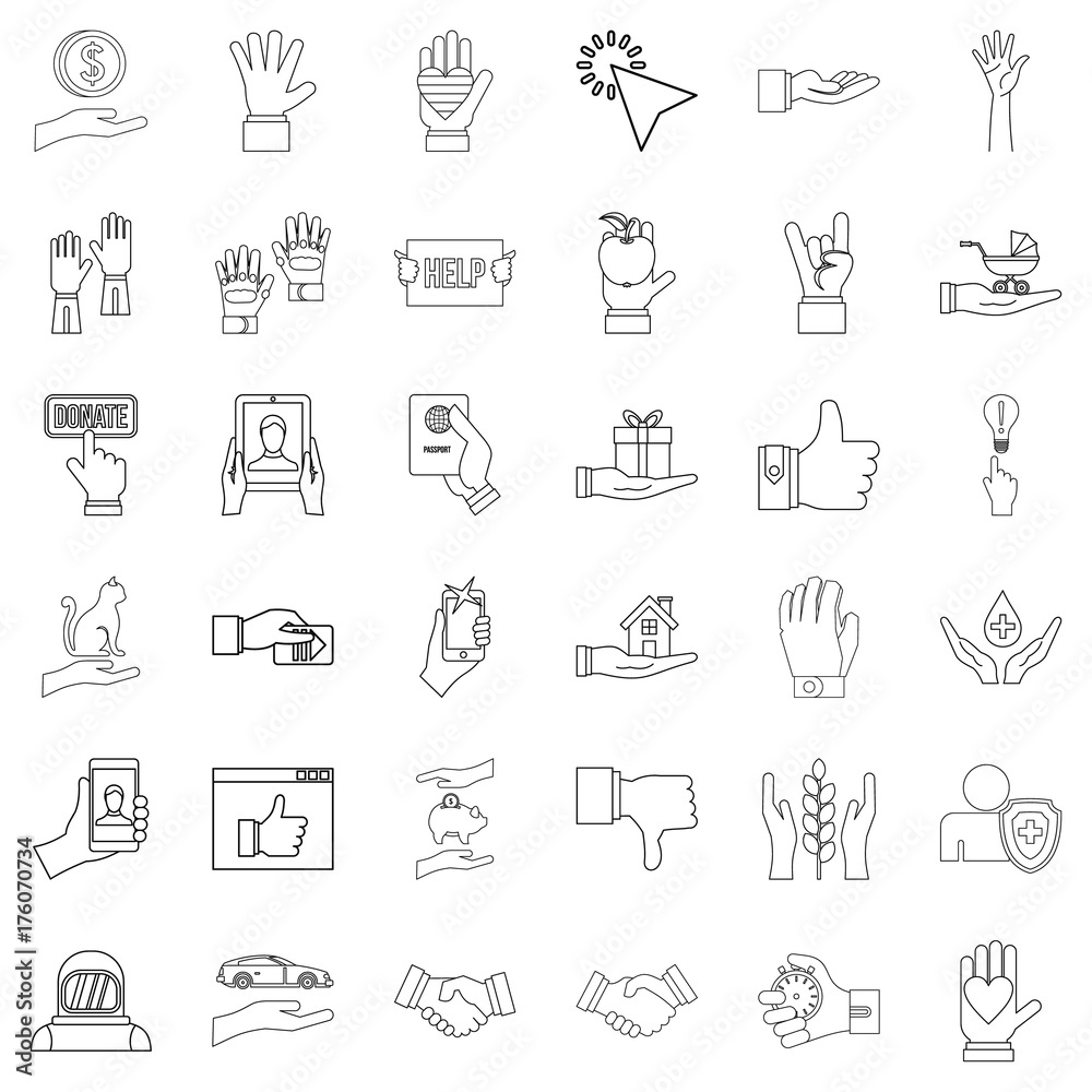 Hand icons set, outline style
