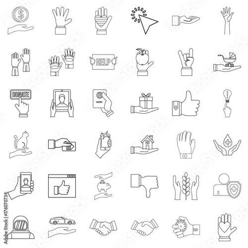 Hand icons set, outline style
