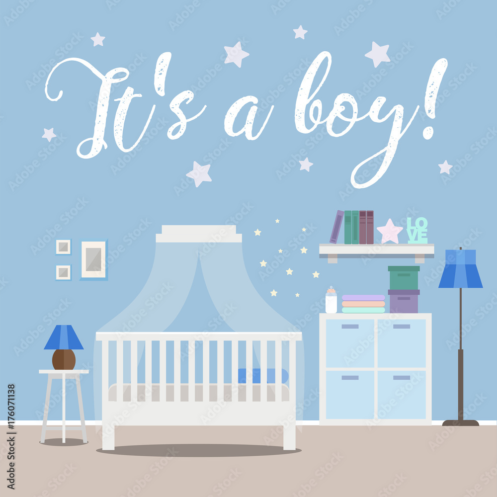 It's a Boy! Baby shower invitation, nursery interior, flat style vector illustration template