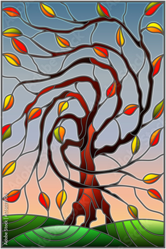 Illustration in stained glass style with autumn willow tree on sky background 