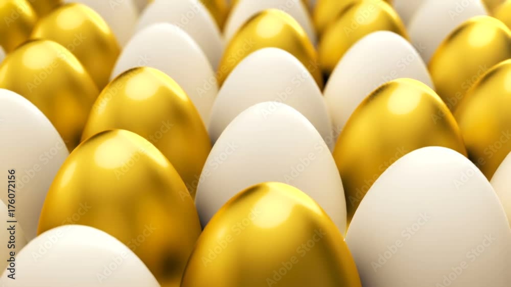 3d cgi realistic animation of camera moving along rows of golden and white eggs. Concept of money and wealth. Seamless looping footage