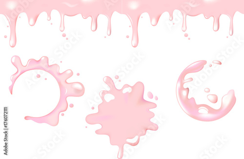 Set of 3D realistic natural dairy products, pink yogurt or cream blots and splash, dripping liquid seamles. Vector design template for packaging and advertising.