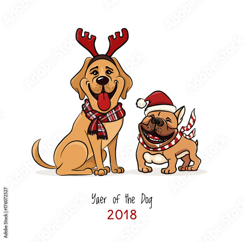 cheerful illustration, Labrador and bulldog wearing new year clouth, laughs funny, 2018 year of the dog