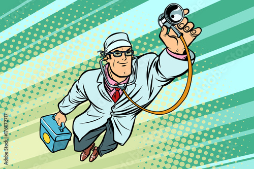 Doctor physician with stethoscope flying superhero