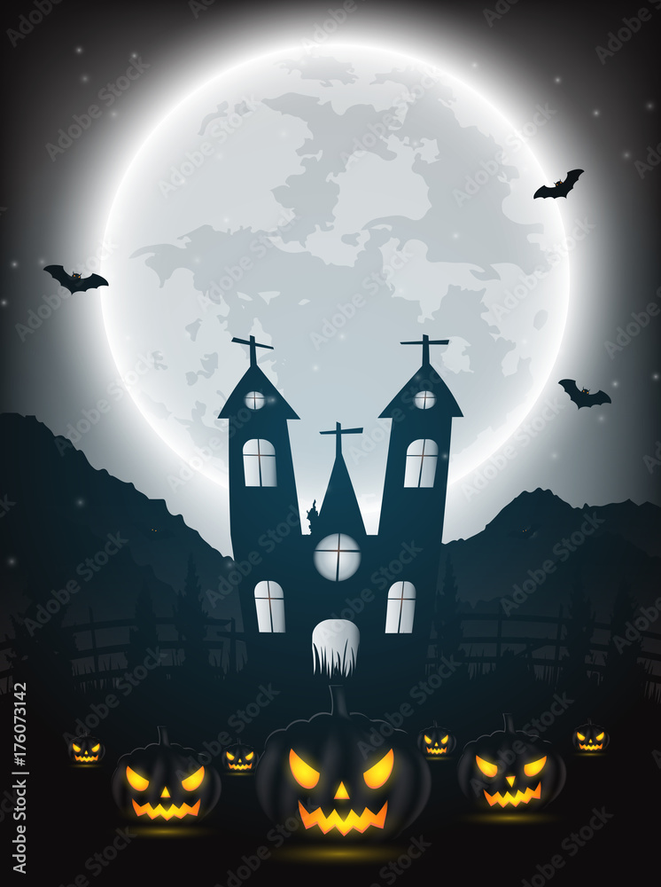 Halloween night background with pumpkin, naked trees, bat, haunted house and full moon on dark background.