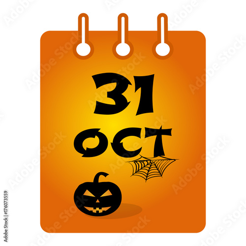 October 31 st calendar colored icon. Halloween. Black inscription with pumpkin and cobweb on orange background. Vector illustration