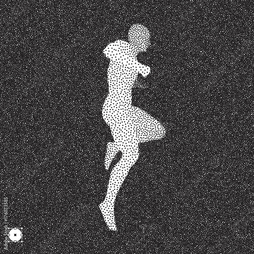 3D model of man. Black and white grainy design. Stippled vector illustration.