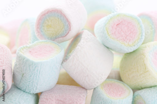 Pastel colourful marshmallows isolated in white background
