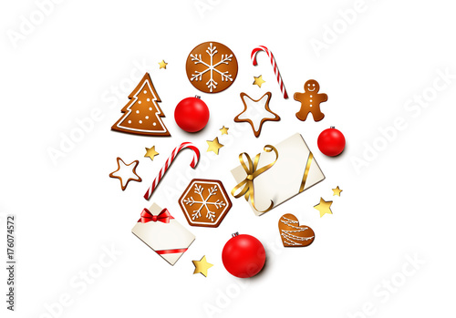 Weihnachtskugel - Silhouette mit Lebkuchen Motive, Geschenke, Zuckerstangen und Weihnachtsschmuck 