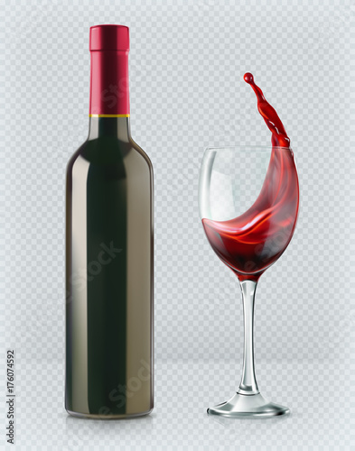 Bottle of wine and wineglass. Red splash. 3d realism, vector icon with transparency