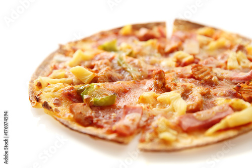 pizza , chicken green pepper pineapple isolated in white background