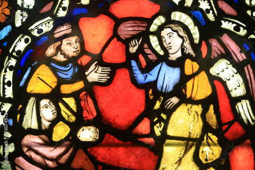 L annonce de la naissance d Isaac. Gothic stained glass window. Mus  e de l Oeuvre Notre-Dame de Strasbourg. Oeuvre Notre-Dame de Strasbourg Museum. The announcement of the birth of Isaac.