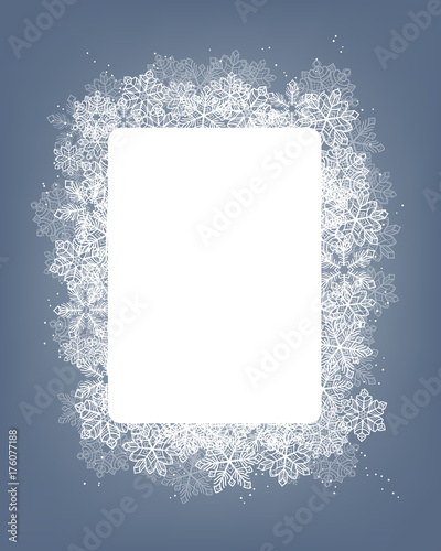 Winter background with label with space for text and frame of snowflakes.