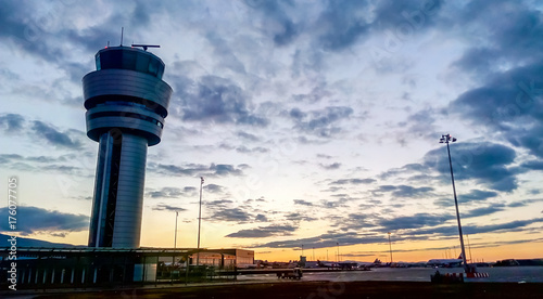Sofia Traffic Control Tower at dusk