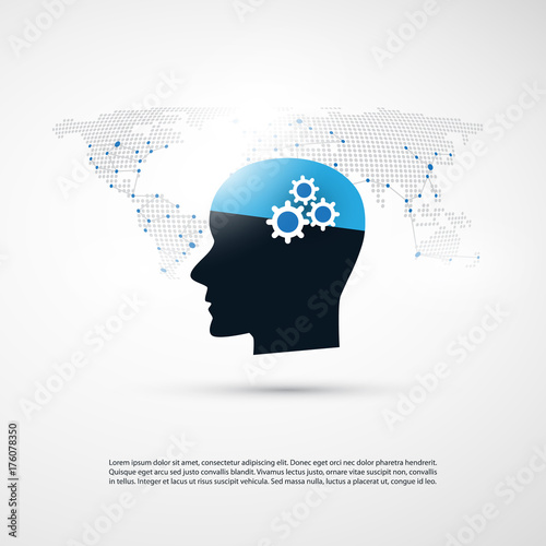 Machine Learning, Artificial Intelligence and Networks Design Concept with World Map and Human Head