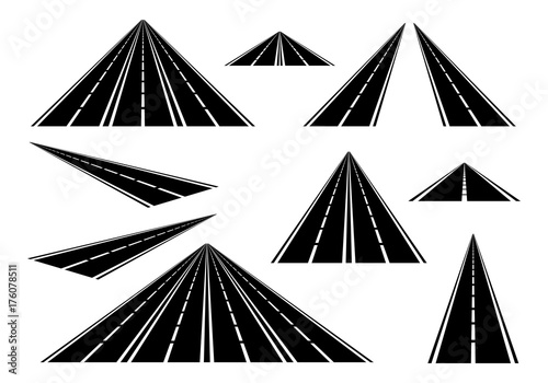 Set straight roads and highways with white lines on the roadside and a broken white center line on a white background. Black road with one, two, three and four lanes  photo