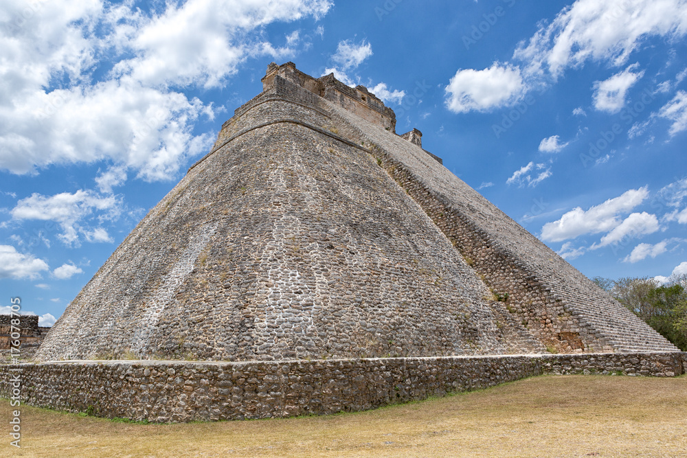 pyramid architectural details at Uxmal archaeological site in Yucatan Mexico