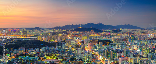 Seoul. Panoramic cityscape image of Seoul downtown during summer sunset.