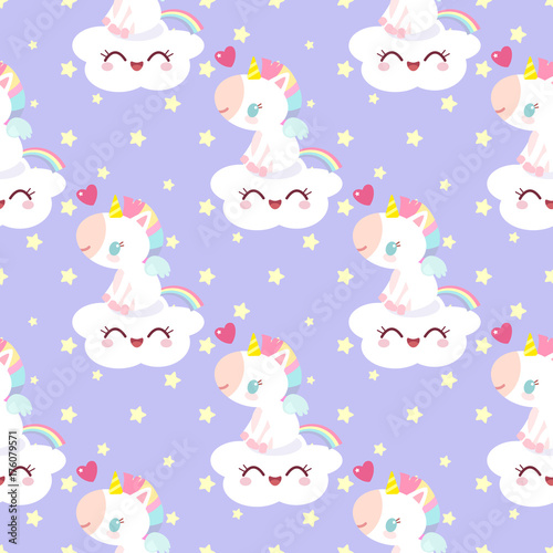 Pattern with magical unicorn in the sky. Children's character. Fabulous pony.