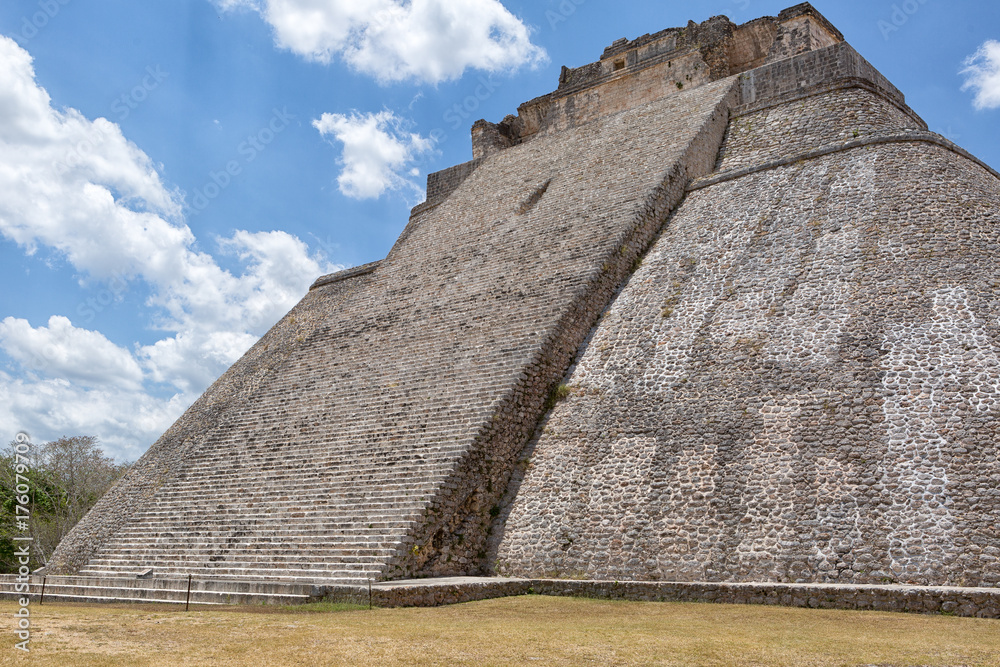pyramid architectural details at Uxmal archaeological site in Yucatan Mexico