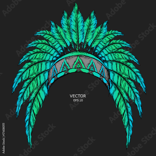 Native American Indian colored chief. Red and black roach. Indian feather headdress of eagle.