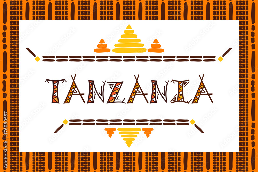 Tanzania travel vector banner. Tribal african illustration. Tourist typography background design for souvenir card, sticker, label, magnet, postcard, stamp, fashion t-shirt print or poster. - obrazy, fototapety, plakaty 