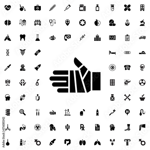 Bandaged hand icon. set of filled medicine icons.