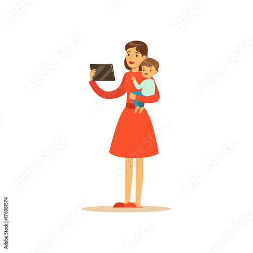 Super mom character with child, holding the tablet