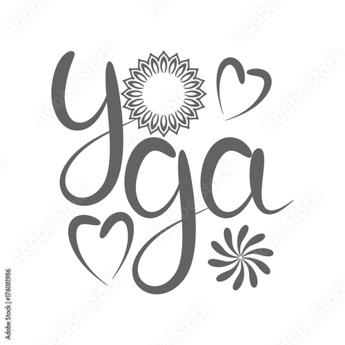 Yoga lettering with Mandala ornament and heart. Decorative element  can be used for greeting card,  yoga poster, coloring book, logo studio. Doodle emblem.