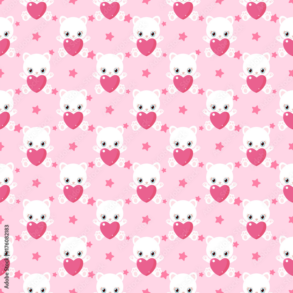 Pink pattern of cute cats for Valentine's Day. Kittens with hearts. Children's characters. Pink pattern of cute cats for Valentine's Day. Kittens with hearts. Children's characters.