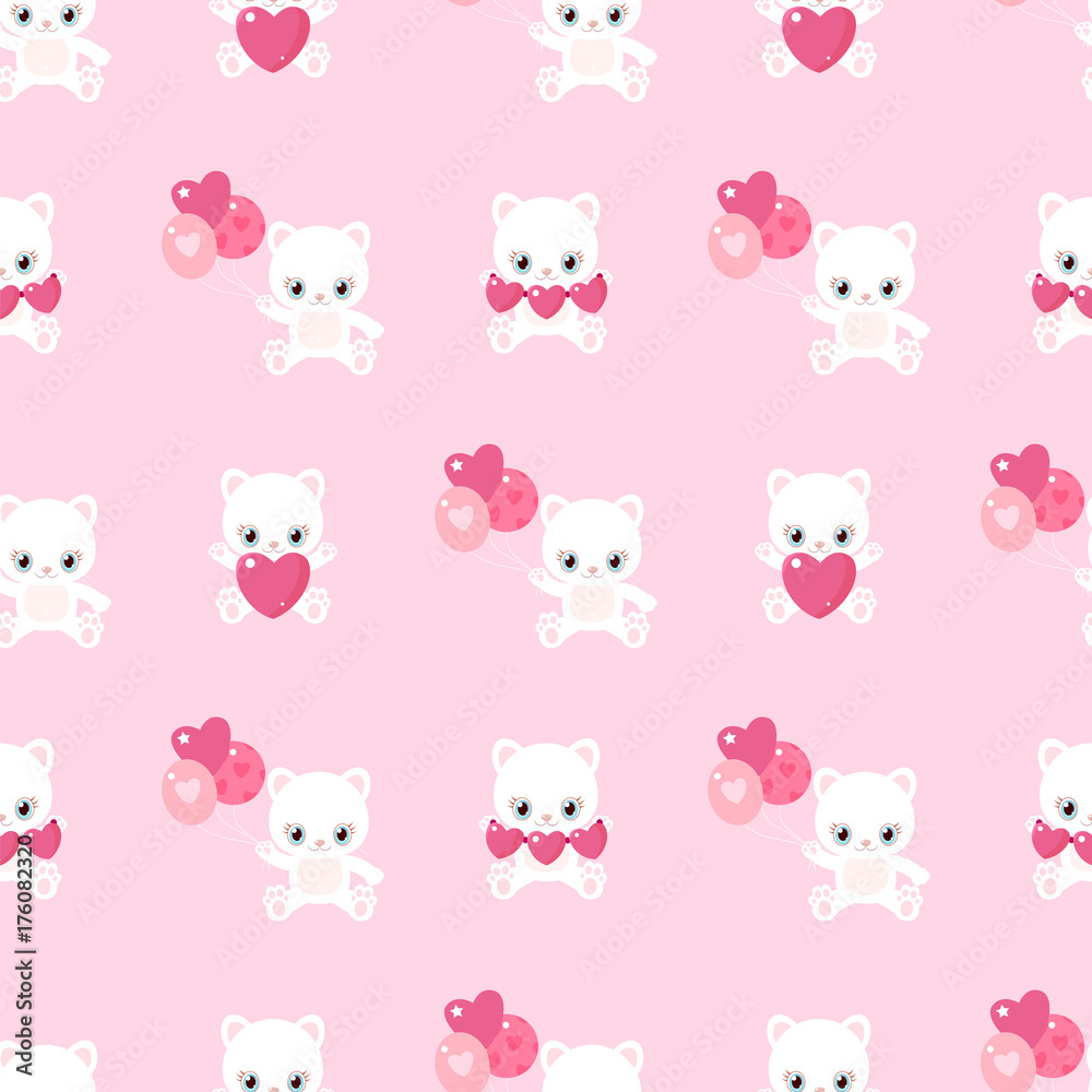 Pink pattern of cute cats for Valentine's Day. Kittens with hearts and balloons. Children's characters.