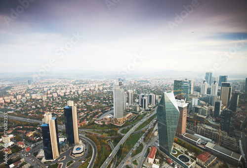 Photography Aerial view of the Istanbul city downtown with skyscrapers at sunset