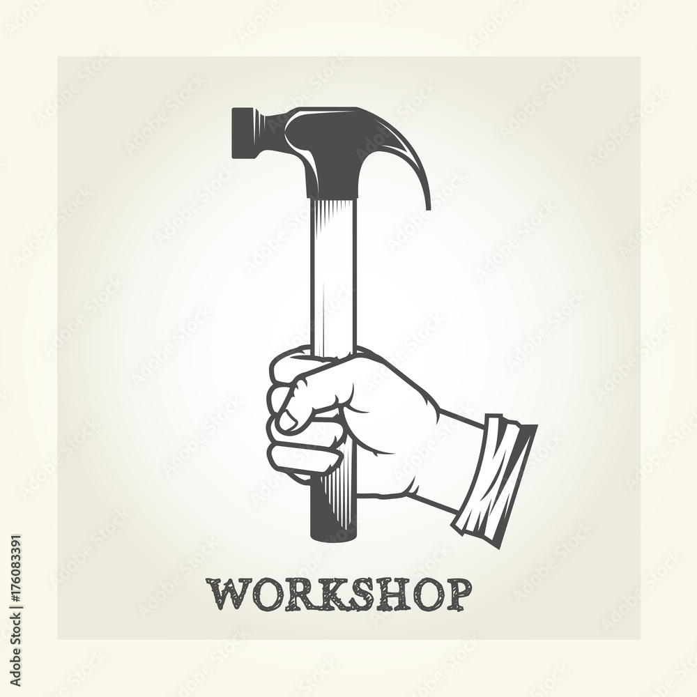 Hand with hammer - repair service emblem Hand with hammer - repair service emblem