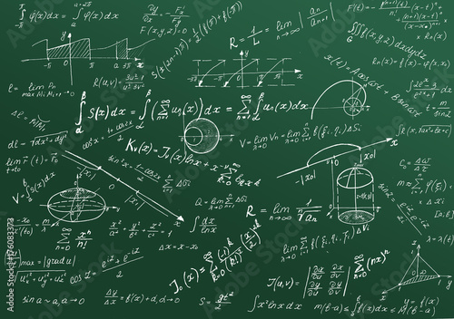 Fotografie Math physics formulas and symbol on green background